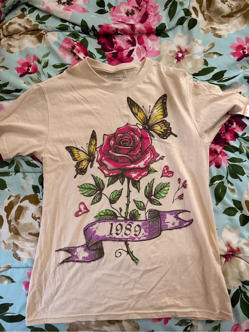 Rebellious One Cream Short Sleeve Tee with Pink Rose & Yellow Butterflies
